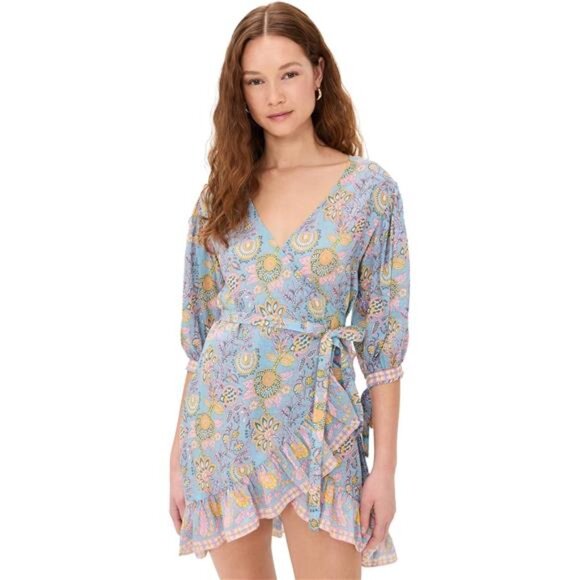 BELL Cindy Wrap Mini Dress Blue Yellow Print Retro Garden Girl Feminine Romantic - Picture 1 of 7